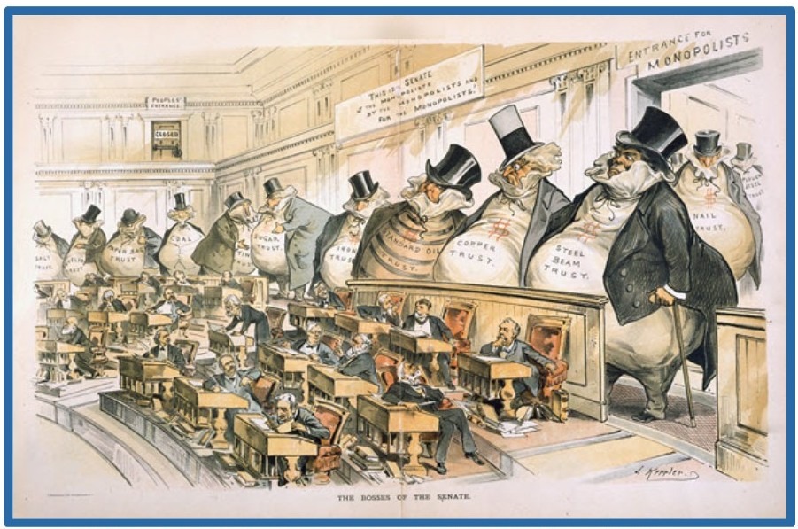 The Bosses of the Senate — tiny senators dwarfed by giant money-sacks labeled Standard Oil Trust, Sugar Trust, Copper Trust, Iron Trust, Coal Trust, and others, standing in for the interests actually running the room. Puck, January 23, 1889; J. Ottmann Lith. Co. after Joseph Keppler. Public domain, Library of Congress.
Framing question "Is Greed Good?" from 8th Grade Gilded Age Inquiry, New York State Social Studies Resource Toolkit, C3 Teachers — CC BY-NC-SA 4.0.